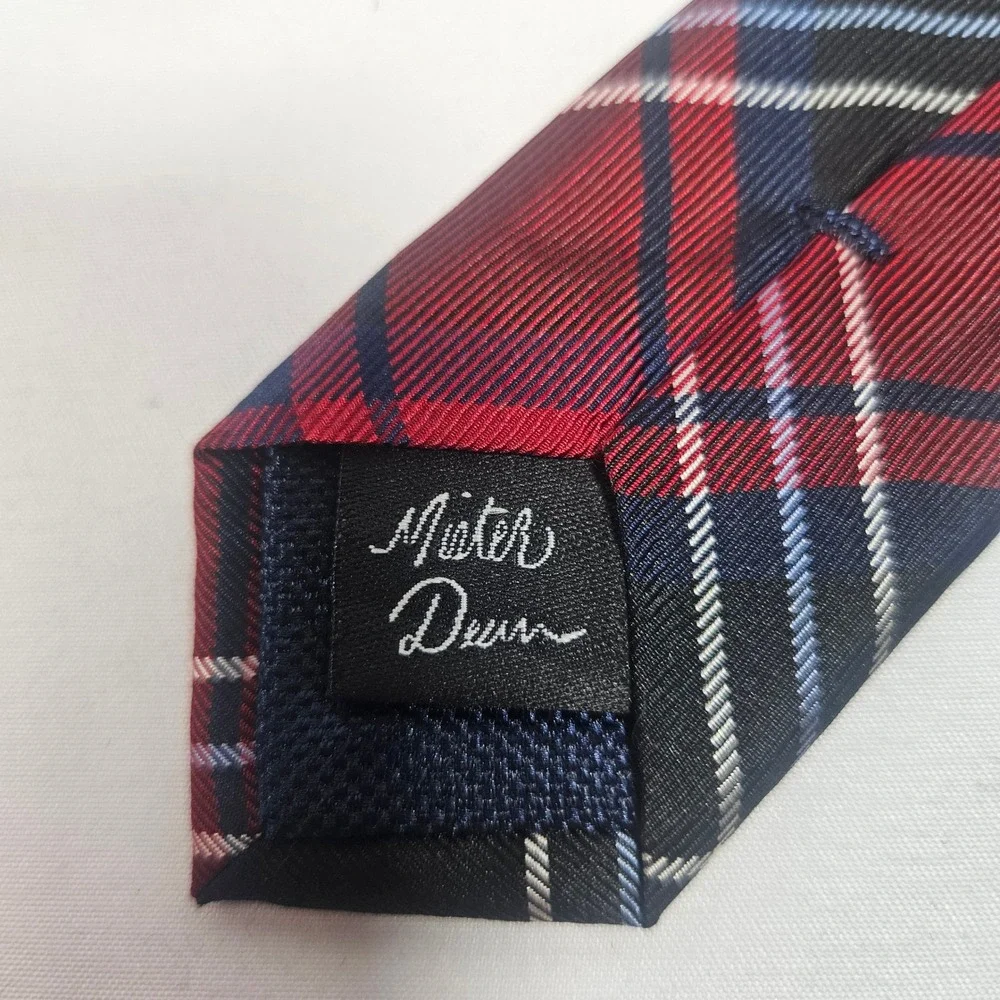 Mister Dean Red Black Blue Plaid 100% Silk Men's Necktie Hand Sewn‎